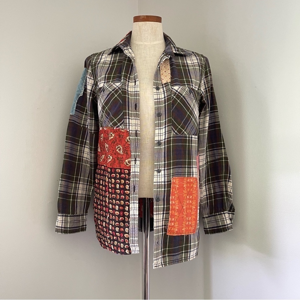 Upcycled Denim & Supply Green plaid button shirt handmade patchwork wearable art